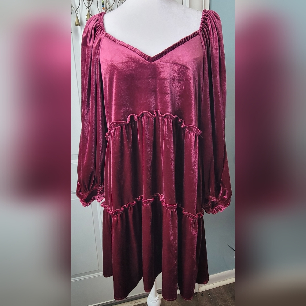 Betsey Johnson Velvet Tiered Babydoll Dress Womens S Tawney Port Long Puffed Sle